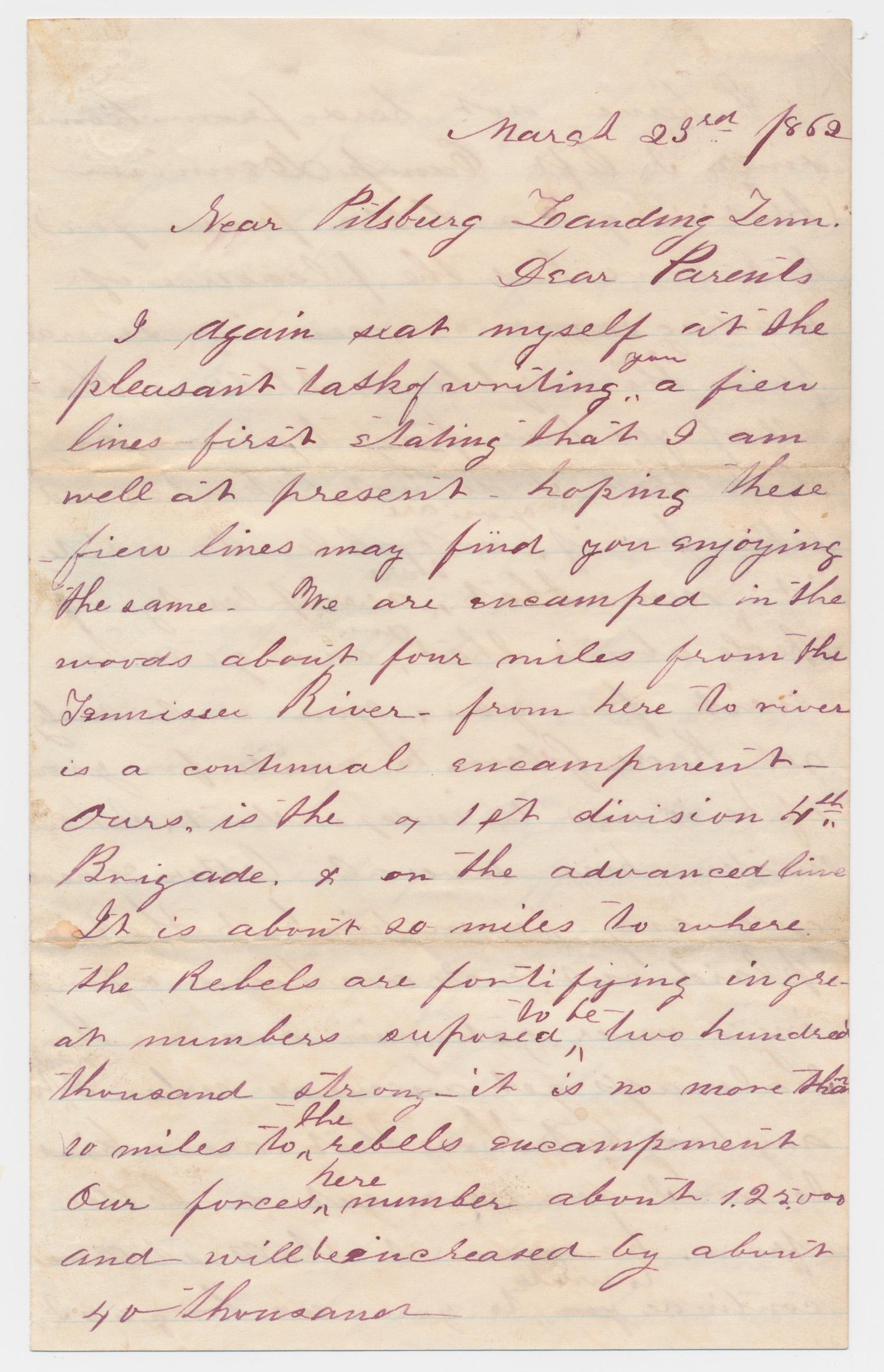 CONFEDERATE DEAD ARE HASTILY BURIED: Heartbreaking letter from a Union soldier, 4pp. 8vo., 'Near Pitsburg Landing Tenn.', Mar. 23, 1862. Sgt. William J. Srofe of the 48th Ohio Vols. writes to his wife two weeks before the Battle of Shilo