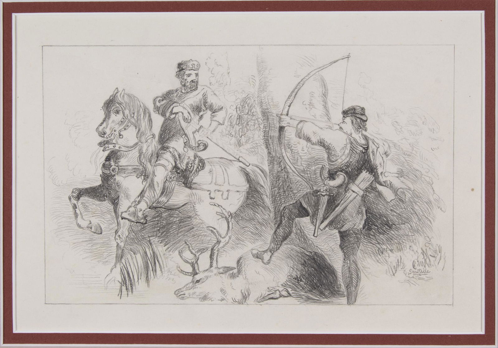WEST POINT SKETCH BY CHARLES SAWTELLE, PRESENTED TO: Rare original pencil drawing by Union Quartermaster CHARLES GREEN SAWTELLE, uniquely gifted to his classmate and friend JAMES E. B. STUART (1833-1864), Confederate Major General of Cavalry who circled