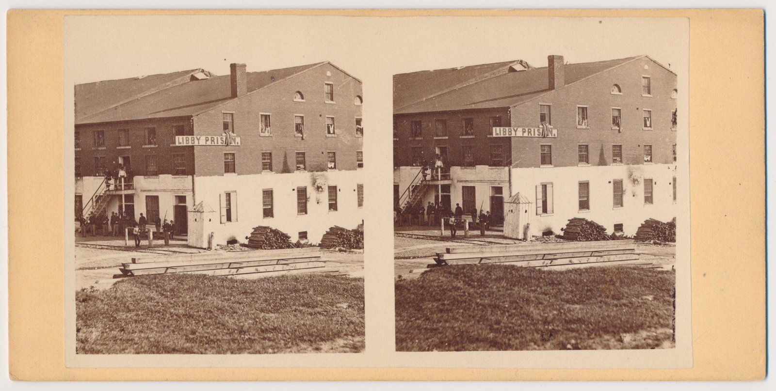 STEREOVIEW OF LIBBY PRISON: Original stereoview of Confederate prison Libby Prison, notorious for the overcrowded and harsh conditions under which officer prisoners from the Union Army were kept. The stereoview, 7 x 3.5 in., is 