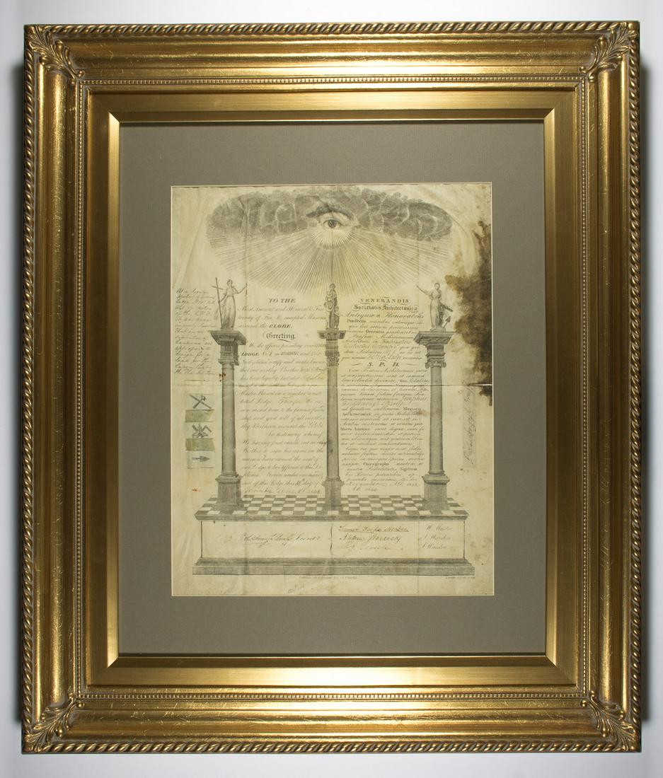 MASONIC INITIATION CERTIFICATE: A fine initiation certificate for a member of Masonic lodge No. 4, 11.5 x 15 (sight), Washington D.C., November 1848, initiating Joseph G. Bruff (1804-1889), American adventurer and author who kept de