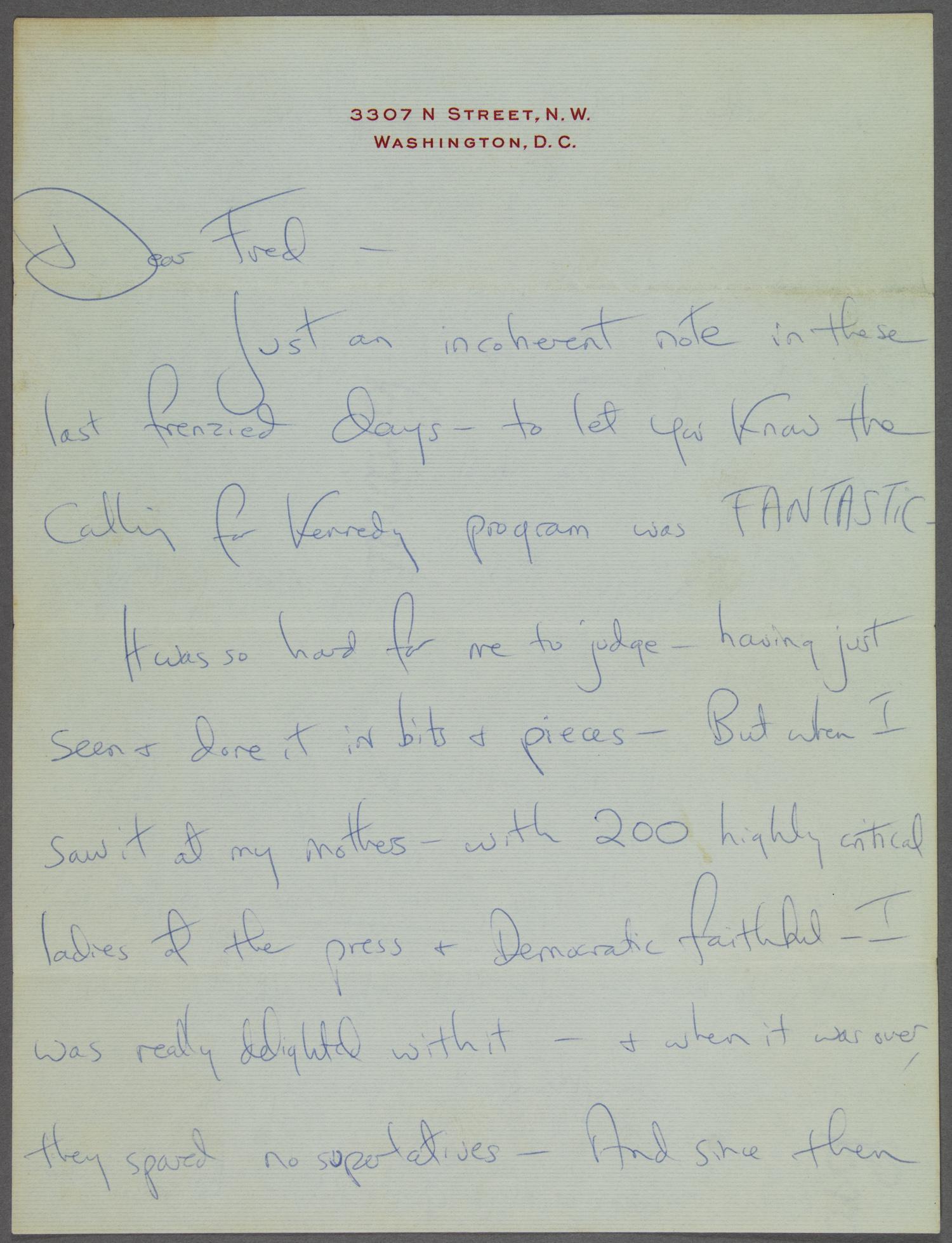 JACQUELINE KENNEDY: (1929 - 1994) First Lady and wife of John F. Kennedy, thirty-fifth President of the United States. A GIDDY JACKIE IS THRILLED BY A SUCCESFUL TELEVISION CAMPAIGN PROGRAM Fine content A.L.S. 'Jackie' on