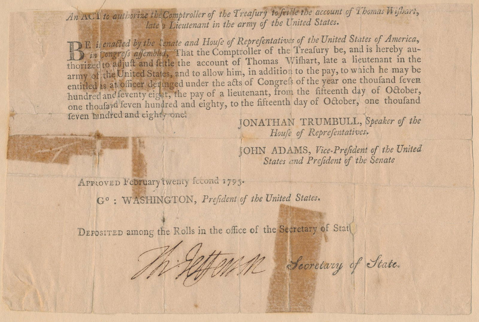THOMAS JEFFERSON: (1743 - 1826) Third President of the United States, Vice President, Secretary of State, author and signer of the Declaration of Independence, ceased the importation of slaves to America. Partly printe