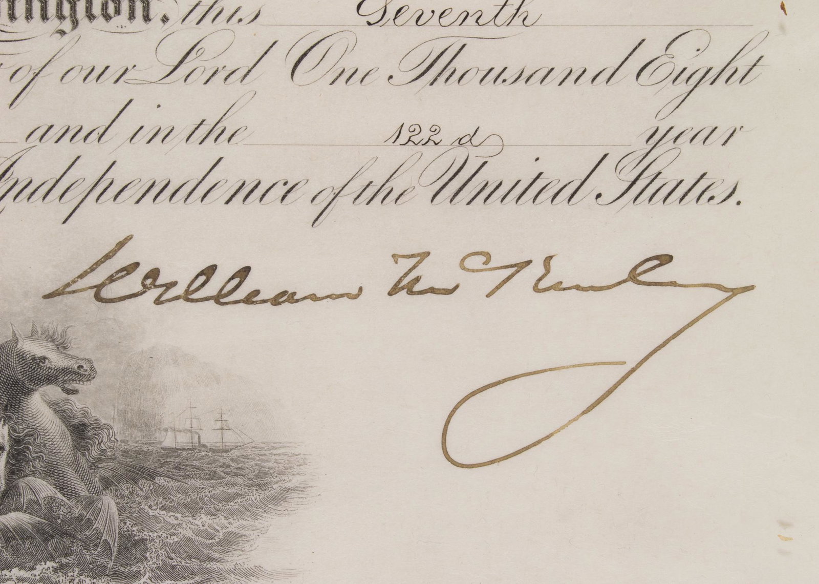 WILLIAM MCKINLEY: (1843-1901) Twenty-fifth President of the United States, acquired Cuba, Puerto Rico, Guam and Hawaii. Assassinated. Partly-printed D.S. as President, 1p. folio parchment, Washington, March 7, 1898, th