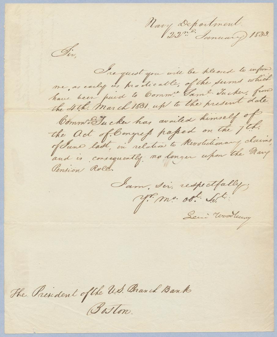 LEVI WOODBURY: (1789 - 1851) Justice of the Supreme Court and cabinet member in the administrations of Jackson, Van Buren, and Polk. Manuscript L.S. as Secretary of Navy, 1p. 4to. 'Navy Department', January 22, 1833