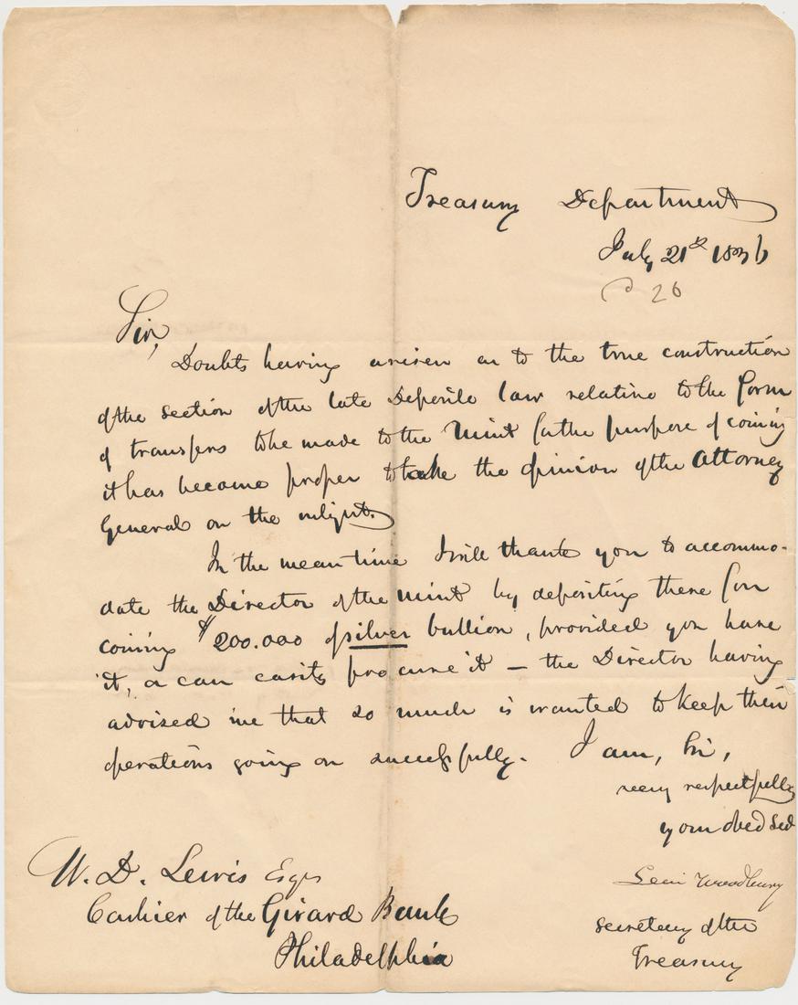 LEVI WOODBURY: (1789 - 1851) Justice of the Supreme Court and cabinet member in the administrations of Jackson, Van Buren, and Polk. Great economic content A.L.S. as Jackson's Secretary of the Treasury, 1p. 4to., Tr