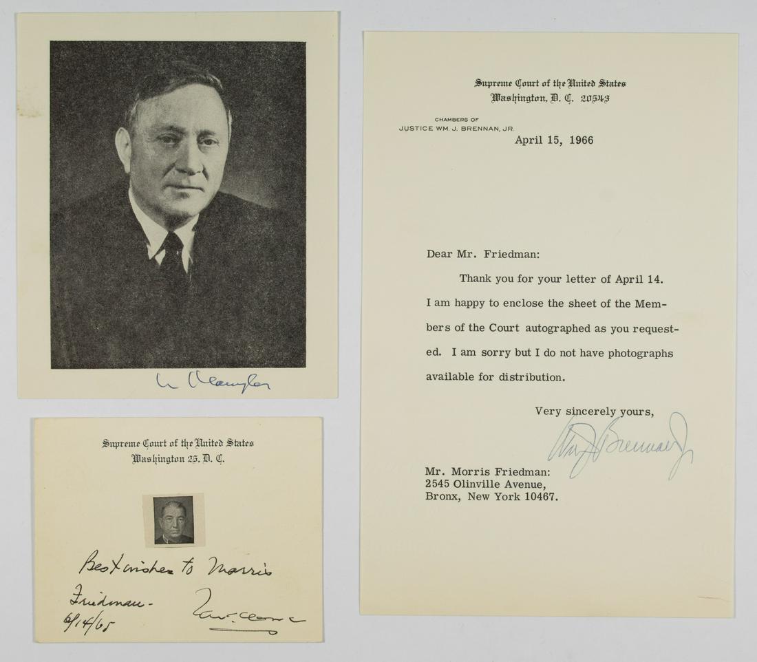 SUPREME COURT JUSTICES: Lot of nine items in various sizes signed by eight Justices of the U.S. Supreme Court, including: WILLIAM J. BRENNAN (1906-1997) T.L.S. and book sheet, JOHN MARSHALL HARLAN II (1899-1971) HUGO BLACK (