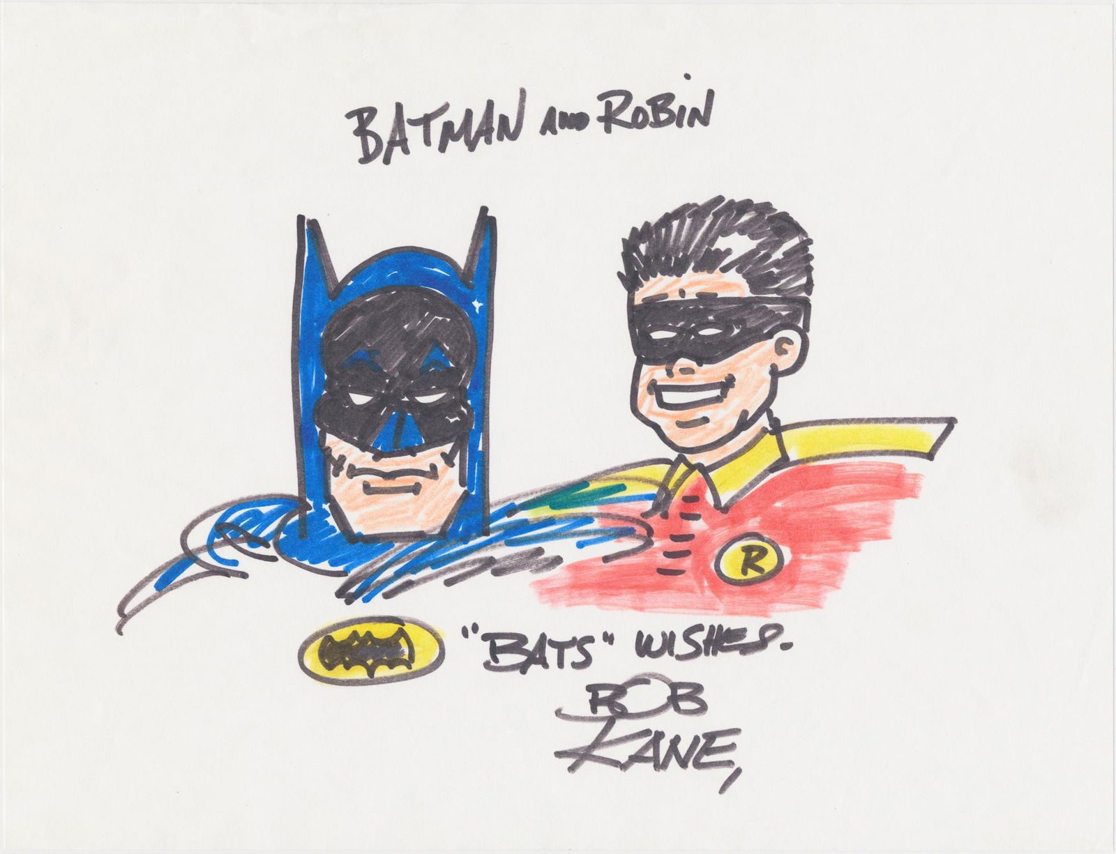 BOB KANE: (1915-1998) American comic book writer and illustrator, most famous as being one of the co-creators of character Batman. A signed sketch on an 8 x 11 in. sheet featuring a colored illustration of the