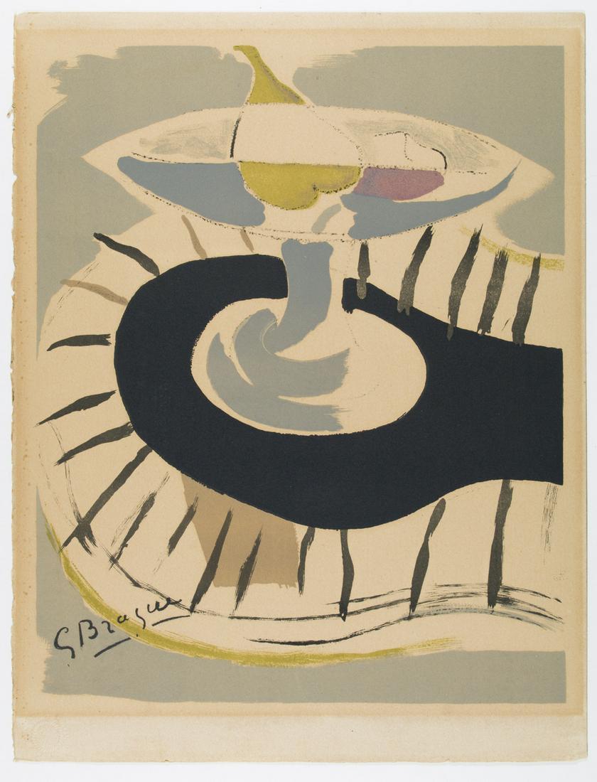 GEORGE BRAQUE'S 'LE COMPUTIER': Great vintage color lithograph: 'Le Computier' by George Braque, 11 x 14.5 in., ca. 1955, showing a Cubist depiction of bearing the blind stamp of printer 'Maeght Editeur' from Paris at bottom left, a