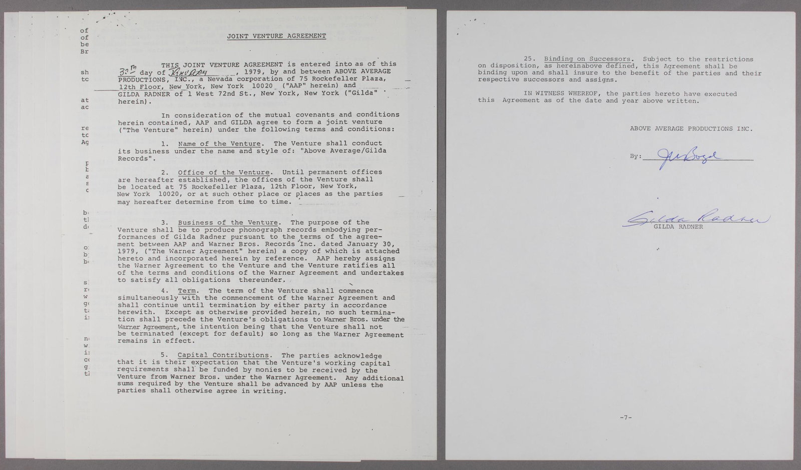 GILDA RADNER: (1946 - 1989) American comedian and actress who was one of the seven original cast members for the NBC sketch comedy show Saturday Night Live. Great copy of a legal contract between Radner and Above A