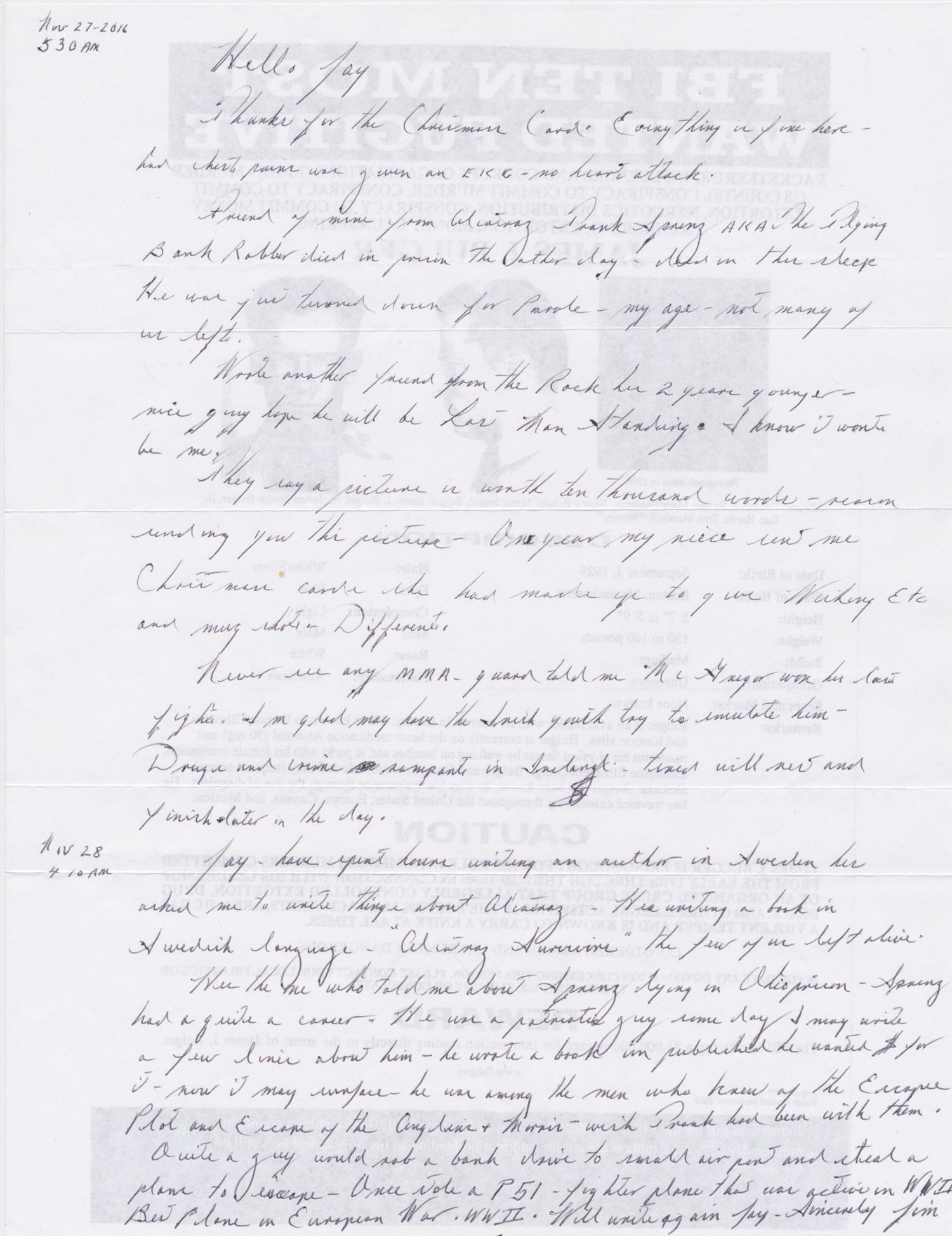 JAMES 'WHITEY' BULGER: (1929-2018) Irish-American murderer and former organized crime boss of the Boston Irish Mob crew known as the Winter Hill Gang, later an FBI informant. Indicted for 19 murders and dozens of other felo