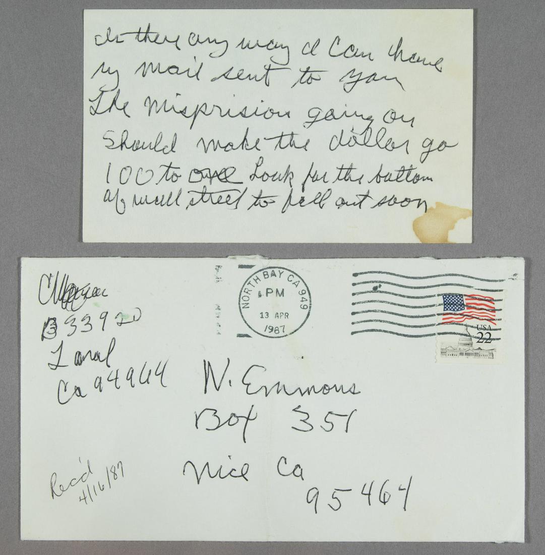 CHARLES MANSON: (1934-2017) Drifter whose 'family' committed the infamous Tate-LaBianca murders in 1969. Short A.L.S. with a great signed sketch, 4pp. 8vo., Vacaville, 1987, in part: '...Is there any way I can have m