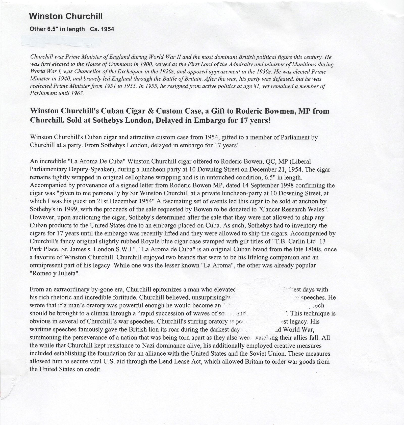 A CIGAR AND CUSTOM CASE OWNED BY WINSTON CHURCHILL