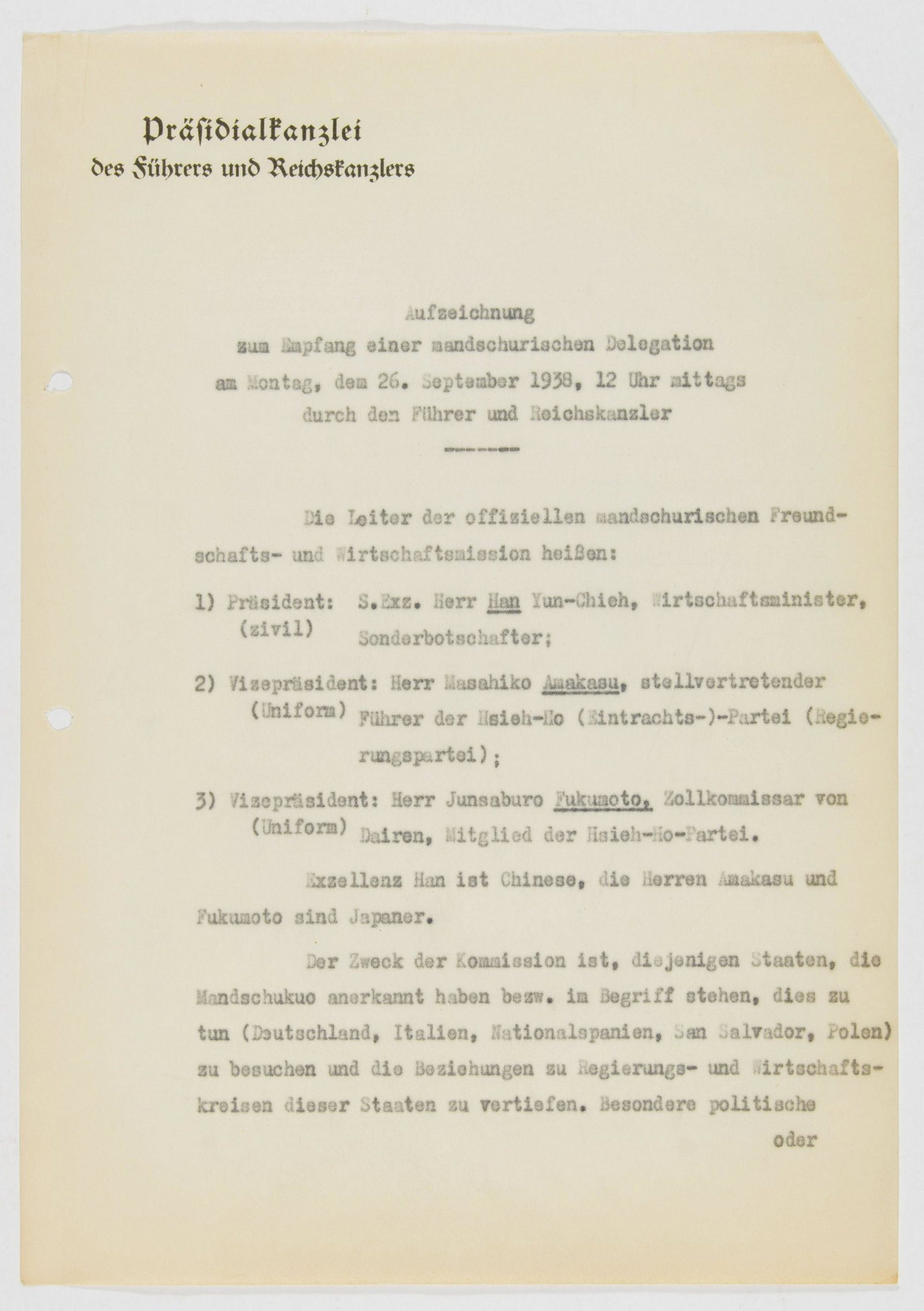 MANCHOUKUO CHINESE SEEK AN AUDIENCE WITH HITLER: An excellent collection of 24 letters and documents concerning the efforts of a Japanese-controlled trade organization from Manchoukuo, the Japanese puppet state in Manchuria and eastern Inner Mongoli