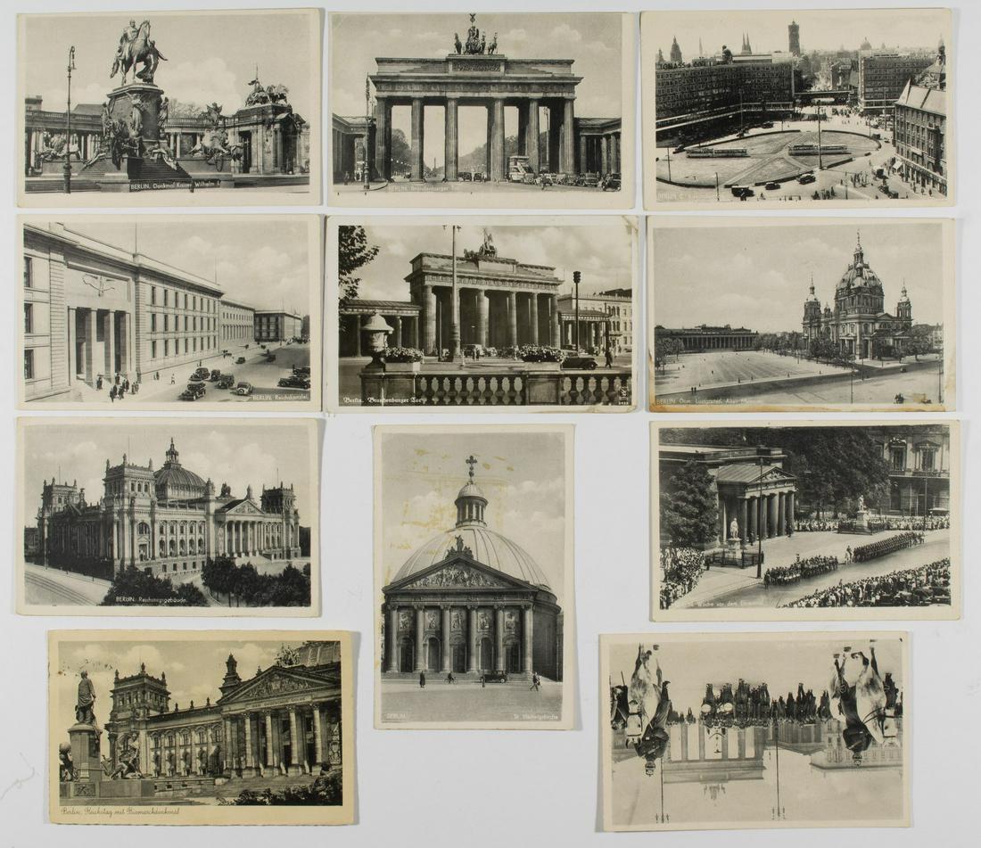 WORLD WAR II PHOTO POSTCARDS (11): A good lot of eleven vintage postcards of various scenes and monuments in Germany, each 4 x 6 in., b/w, printed in Berlin by Robert Prager. Notable scenes include the Brandenburg Gate, the Lustgarten 
