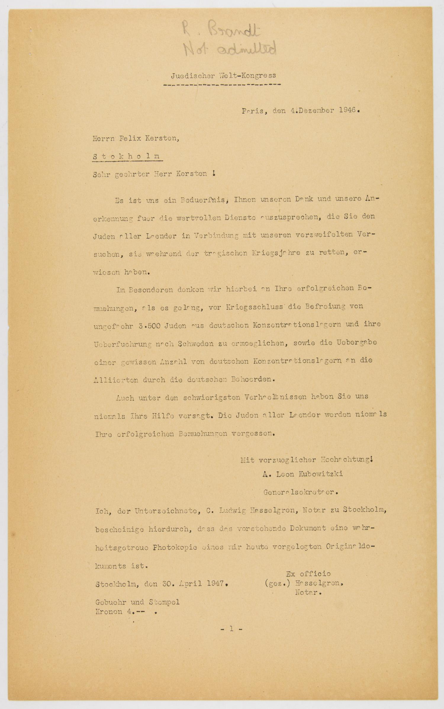 WORLD JEWISH CONGRESS THANKS HIMMLER'S PHYSICIAN FOR (1 of 1)