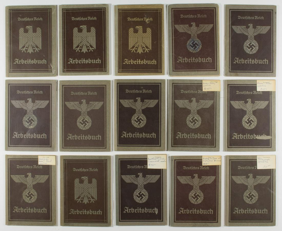 ARBEITSBUCHS (17): Lot of 17 World War II era German 'arbeitsbuchs' ('work books'), varying pages 8vo., 1933-1943, all issued to German citizens documenting their personal information and work history. Some occupations 