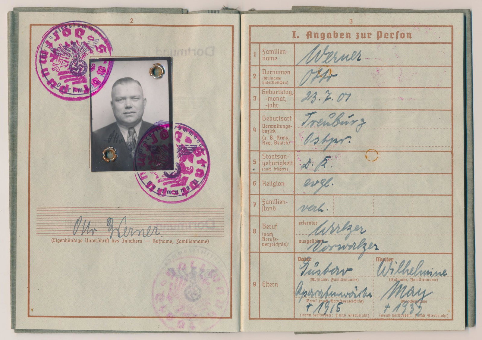 WEHRPASS OF A KIA SOLDIER: The 'wehrpass' of a German soldier named Otto Werner who was conscripted into the Wehrmacht on September 9, 1940. The first few pages bear his identification photo and biographical information. He ori
