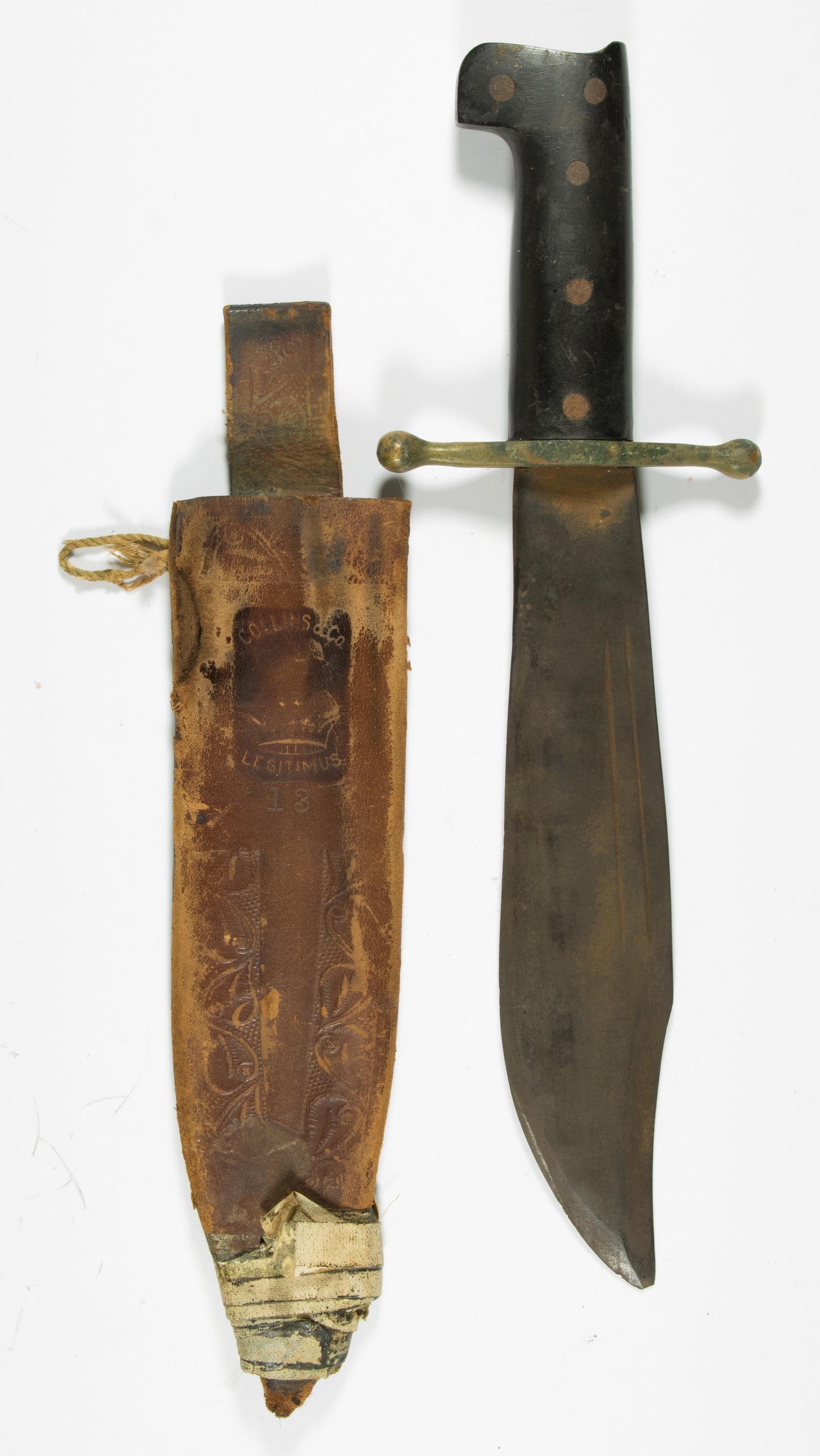 COLLINS & CO. LEGITIMUS NO. 18 KNIFE WITH SHEATH: Scarce Collins & Co. Legitimus No. 18 knife with sheath, 9 in. blade marked on the ricasso: 'COLLINS & CO' over the arm and hammer logo, and 'LEGITIMUS/MADE IN U.S.A./NO.18'.Blade is oxidized and the