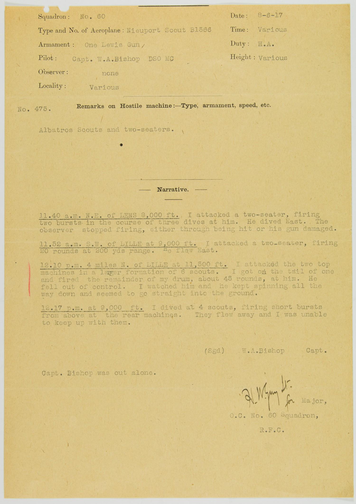 'BILLY' BISHOP FLIES ALONE AND GETS A 'KILL' (1 of 1)