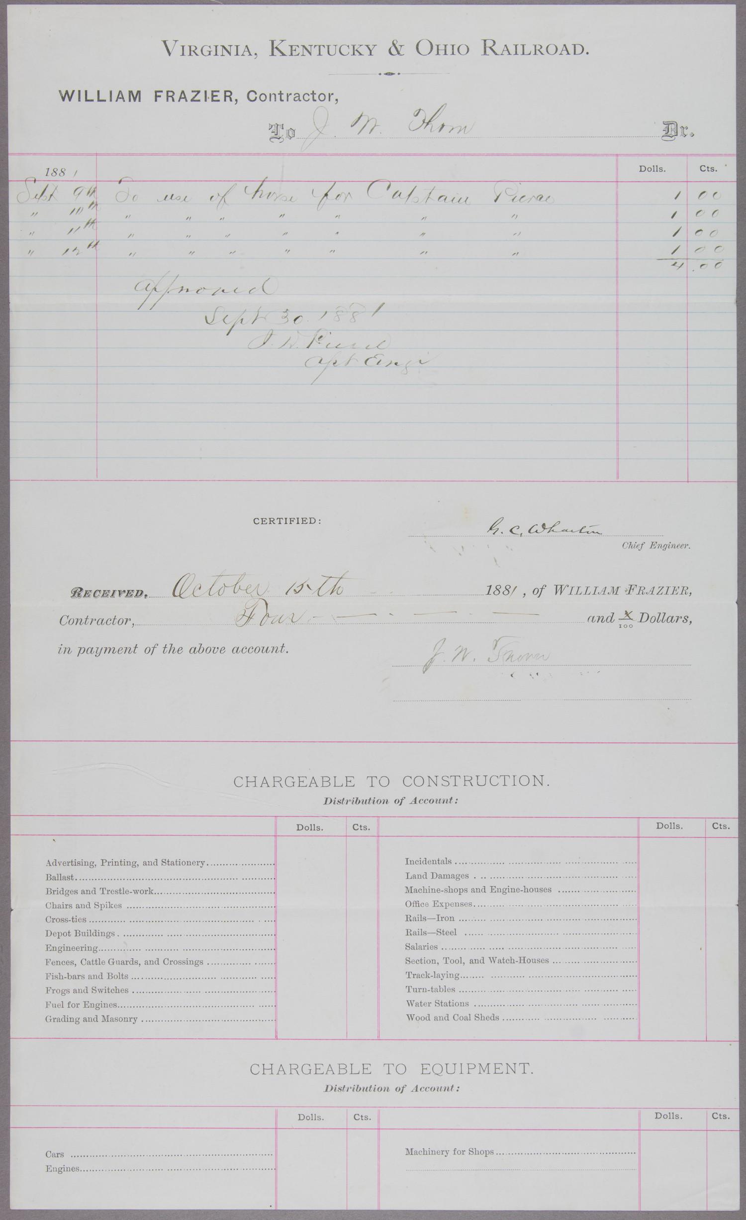 GABRIEL C. WHARTON: (1824 - 1906) Confederate brigade general who commanded troops in the Shenandoah Valley, principally at New Market and Waynesboro. Partly-printed D.S., 1p. legal folio, [n.p.], Oct. 15, 1881, a bill s