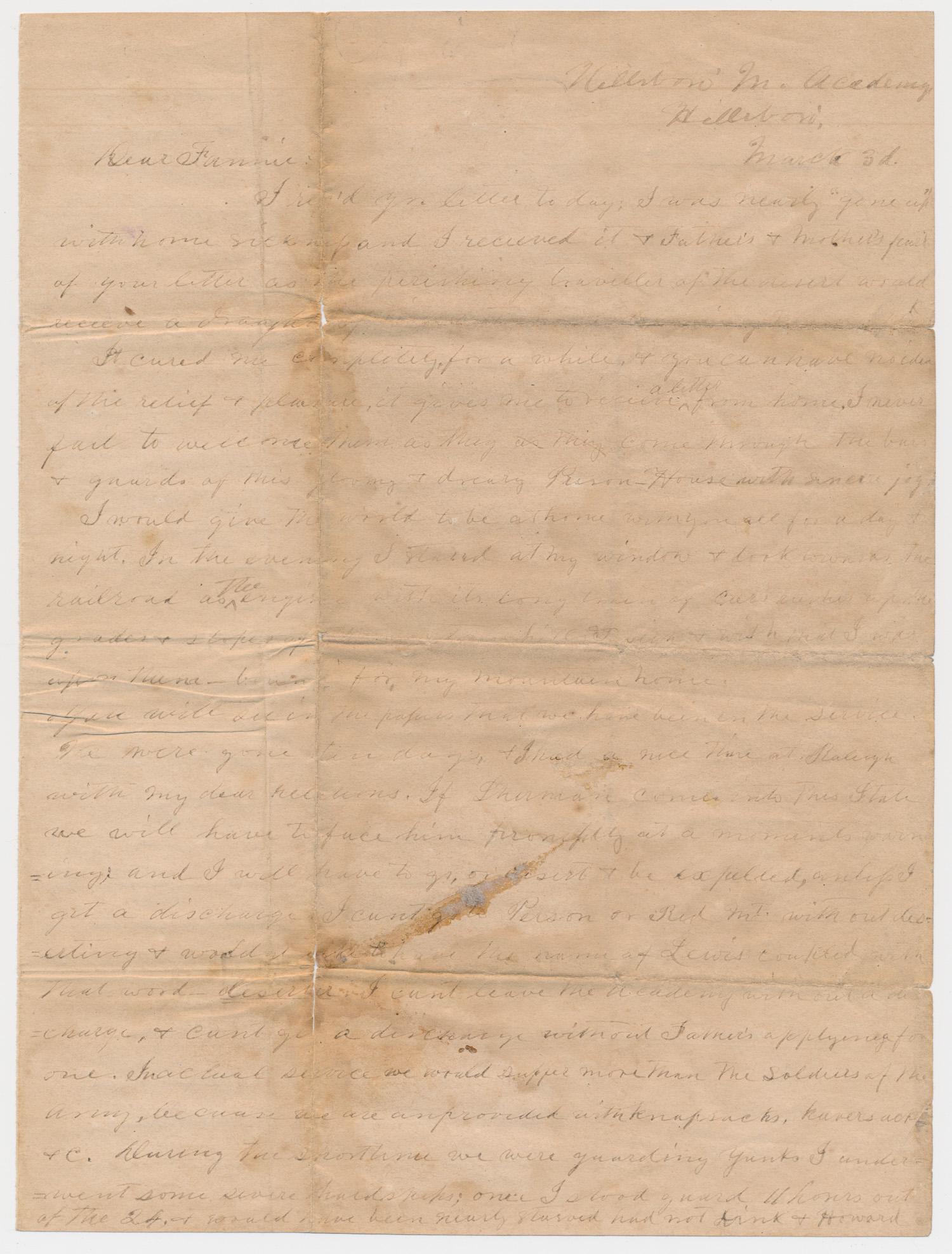 HILLSBORO MILITARY ACADEMY STUDENT FIGHTS FOR: Great content war-date letter of Hillsboro Military Academy cadet Meriwether Lewis to his sister 'Fannie', 2pp. 4to., Hillsboro, NC, Mar. 3 [n.y., late 1864]. Lewis describes being pressed into servic