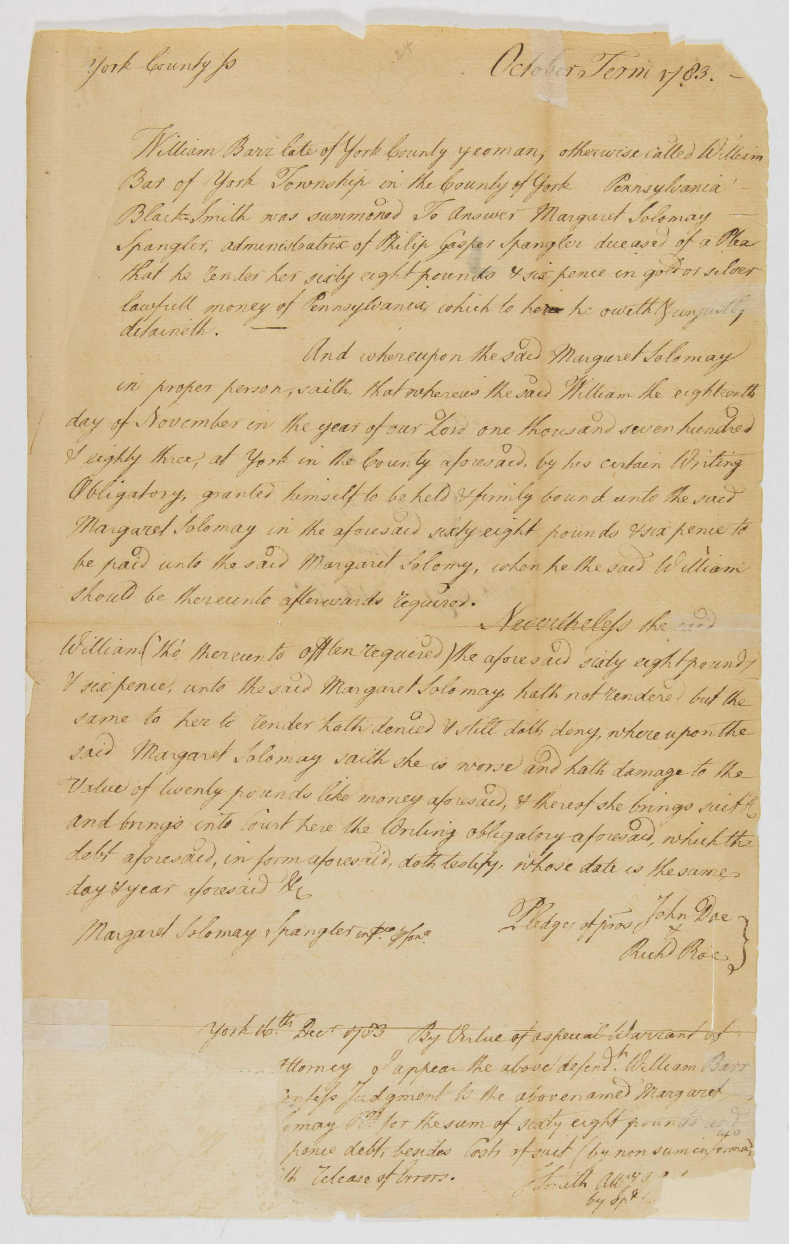 JAMES SMITH: (1719-1806) Lawyer and Signer of the Declaration of Independence, representing Pennsylvania in the Continental Congress. Lengthy and scarce A.D.S. 'J. Smith' as an attorney, 1p. legal folio, York Coun