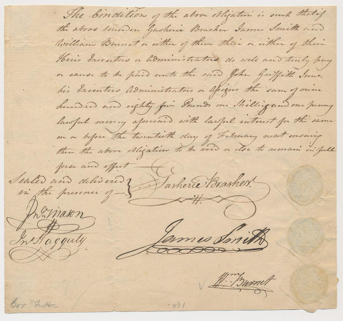 JAMES SMITH: (1719-1806) Signer of the Declaration of Independence, lawyer, represented the state of Pennsylvania at the Continental Congress. Manuscript D.S., 1p. 8vo., [n.p.], February 20 [n.y.], a statement of
