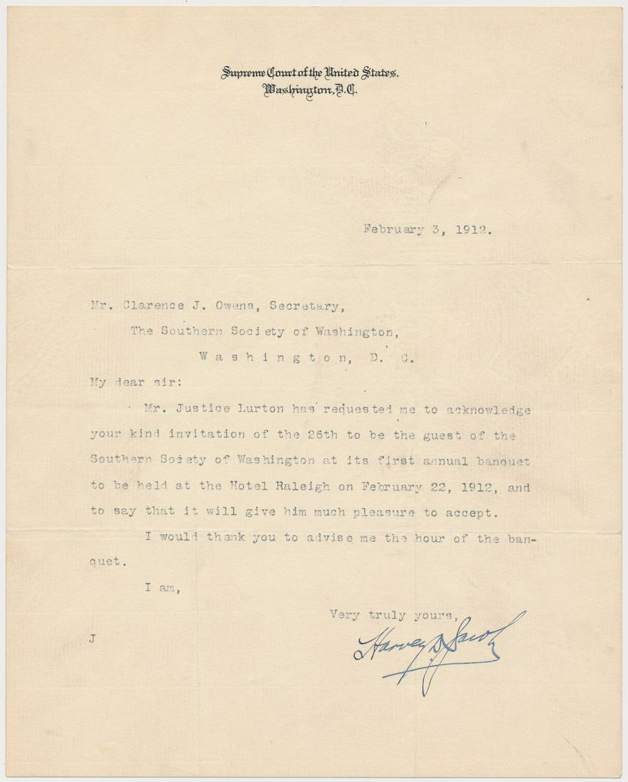 HORACE H. LURTON: (1844-1914) Associate Justice of the U.S. Supreme Court, the oldest in history at the time of his appointment, a Confederate veteran from the Civil War. Died only four years into his term. Rare T.L.S.