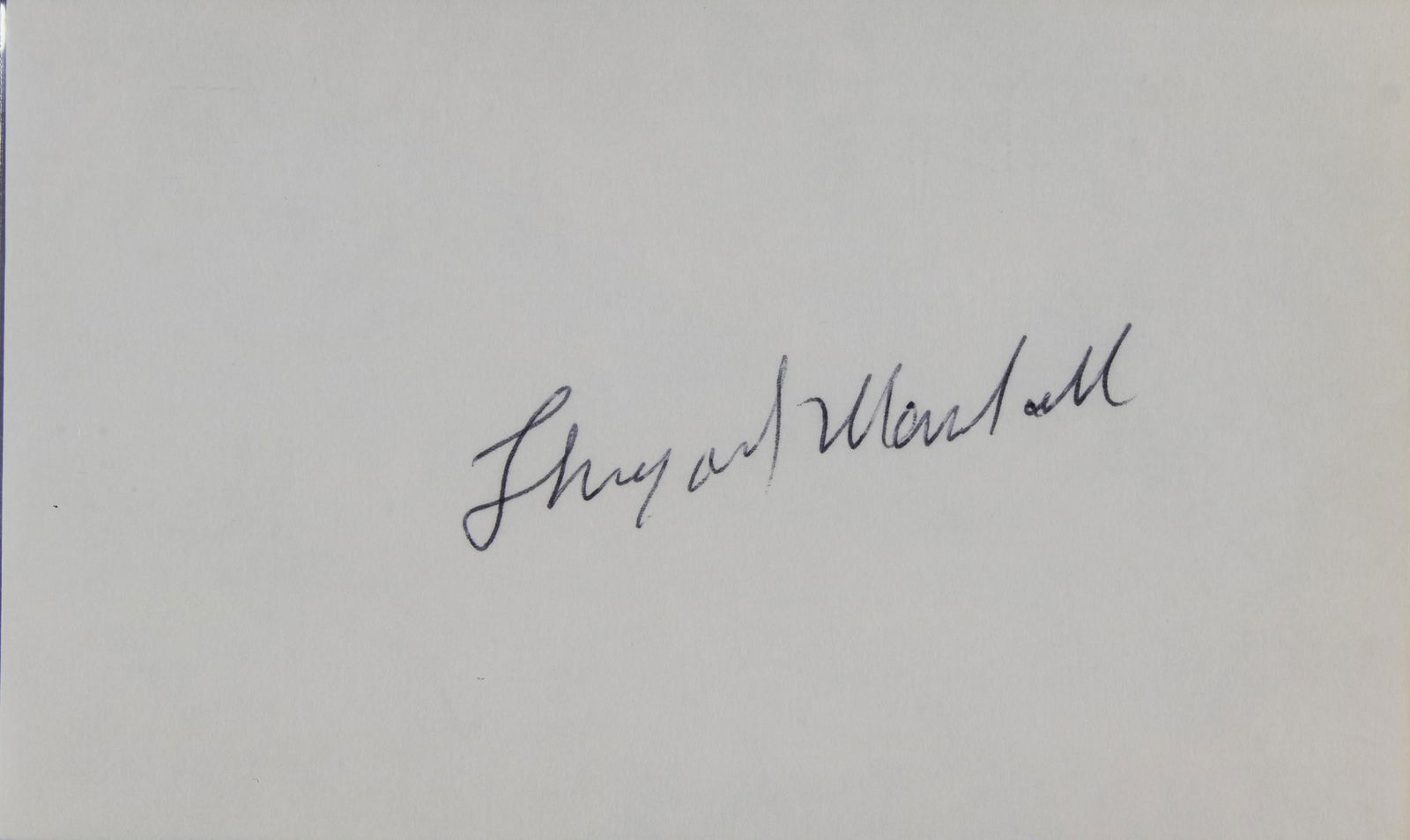THURGOOD MARSHALL: (1916 - 1993) Supreme Court Justice and civil rights litigator who argued Brown v. Board of Education in 1954. Black ink signature on a 3 x 5 in. index card, slabbed in a 'Beckett Authentication Servi