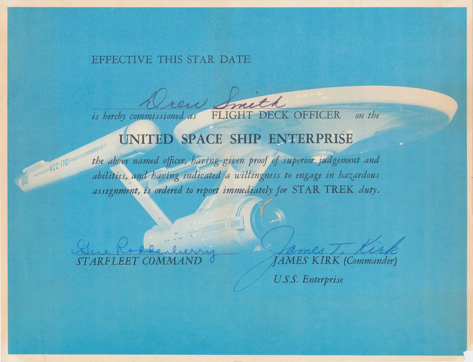 EARLY â€˜STAR TREKâ€™ OFFICER CERTIFICATE (1 of 1)