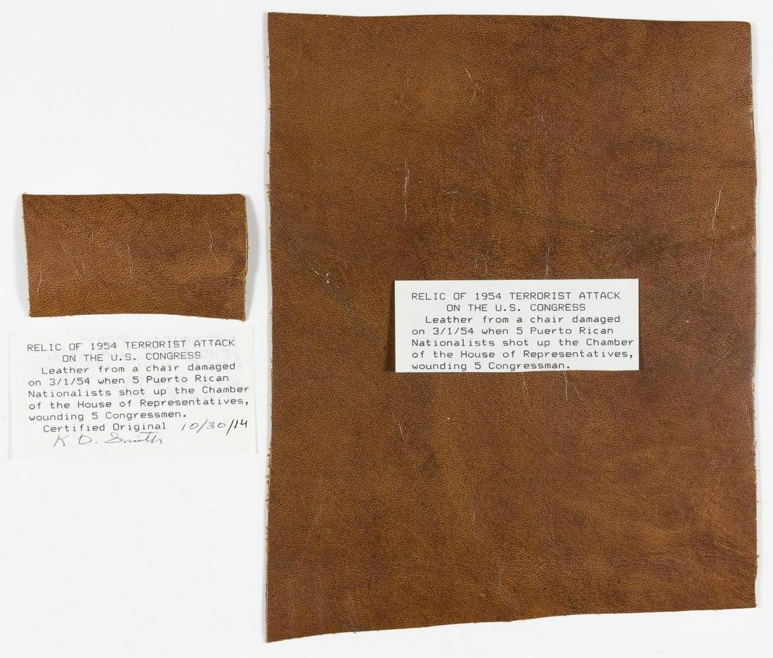 RELICS OF THE 1954 PUERTO RICAN NATIONALIST ATTACK ON: On March 1, 1954, four Puerto Rican nationalists unfurled a Puerto Rican flag from the balcony in the House of Representatives and fired 30 pistol rounds at Representatives who were debating an immigr