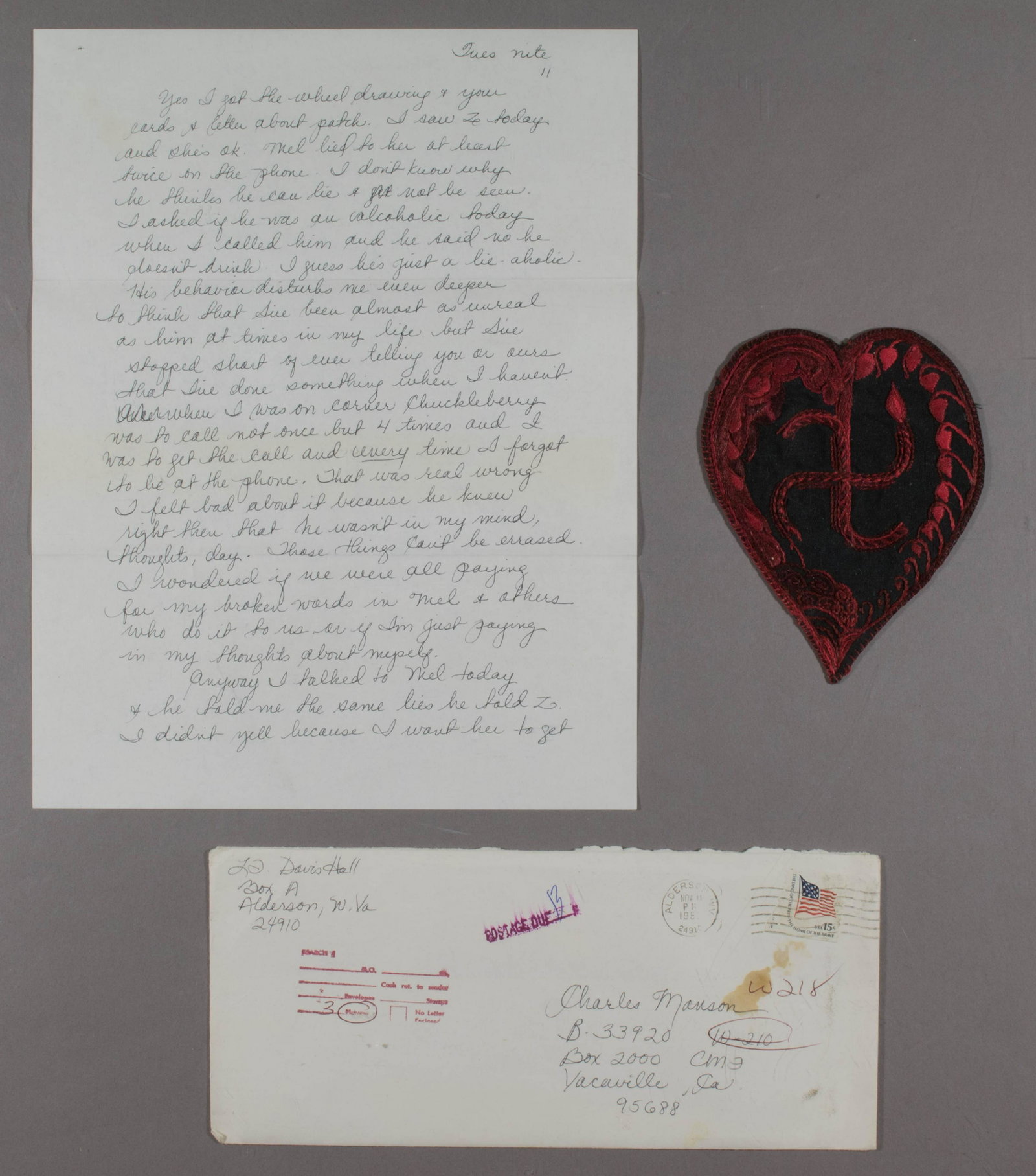 LYNETTE FROMME SENDS CHARLES MANSON A SWASTIKA PATCH: LYNETTE FROMME (b. 1948) 'Squeaky', follower of Charles Manson, later attempted to assassinate President Gerald Ford, failing to get a shot off when her gun jammed. Superb content A.L.S. 'R' [Fromme's