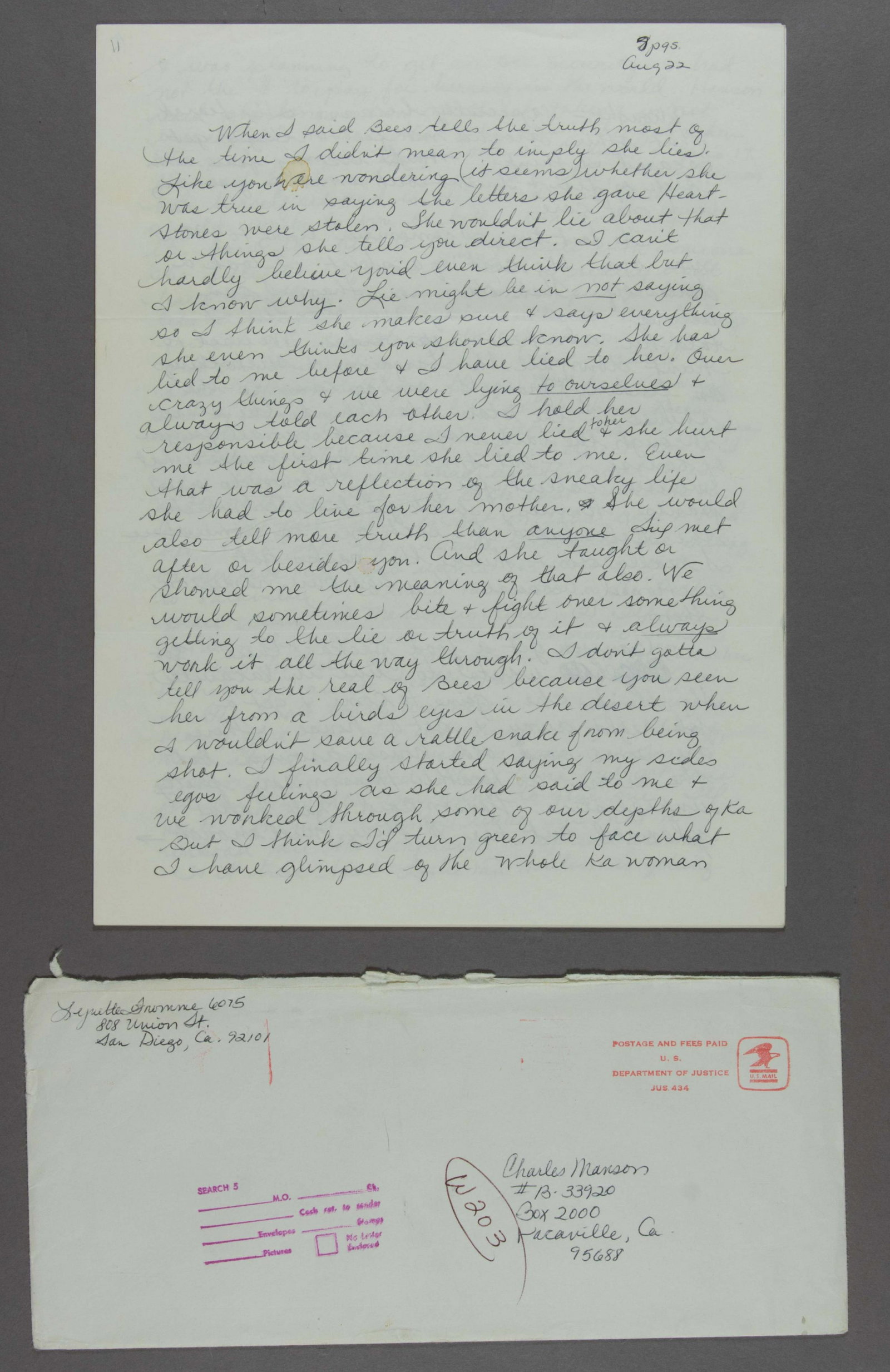 LYNETTE FROMME WRITES TO CHARLES MANSON: LYNETTE FROMME (b. 1948) 'Squeaky', a follower of Charles Manson, later attempted to assassinate President Gerald Ford, failing to get a shot off when her gun jammed. Lengthy A.L.S. 'Red', 16pp. 4to.,