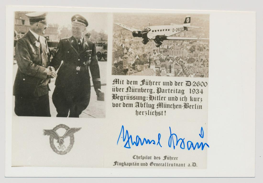 HANS BAUR: (1897 - 1993) German Luftwaffe pilot, tasked by the Luftwaffe to serve as Adolf Hitler's personal pilot. S.P., 4 x 6 in. b/w, a composite photo of Baur, Hitler, and Hitler's Junker aircraft, boldly si