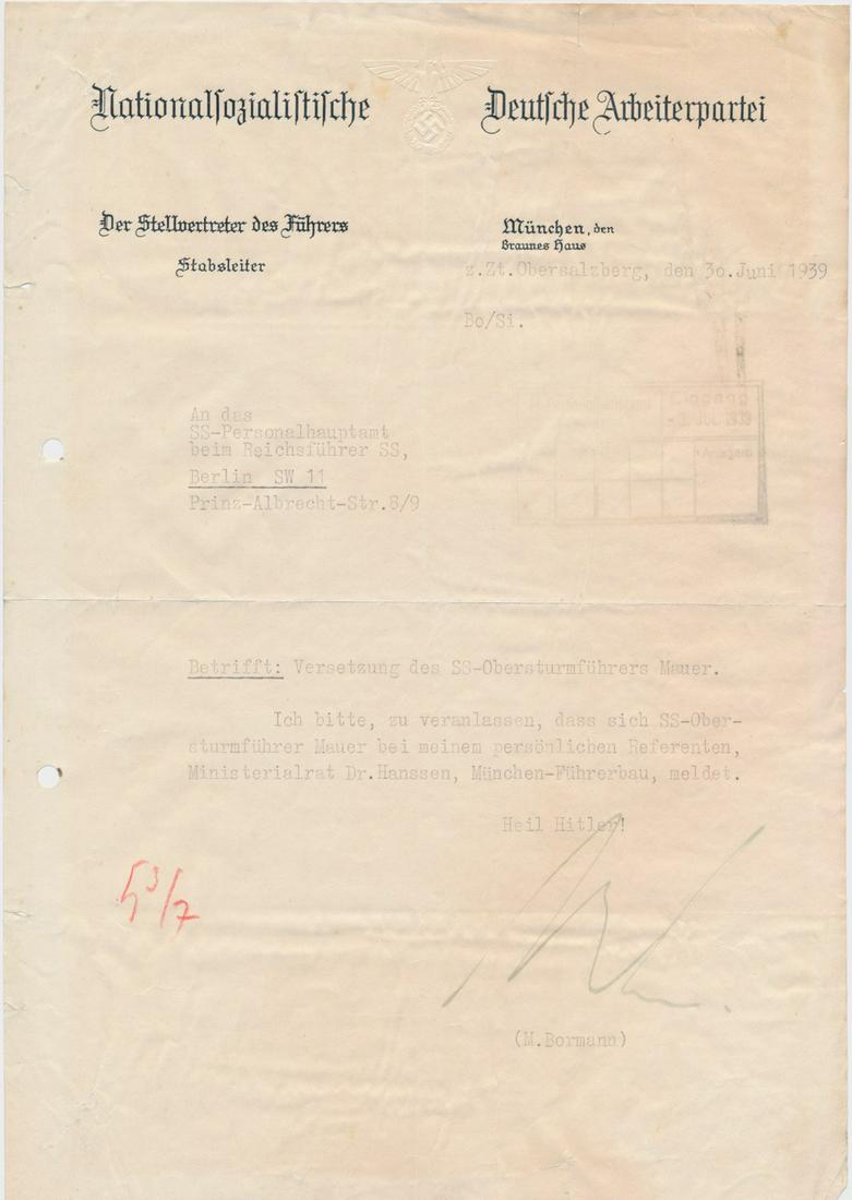 MARTIN BORMANN: (1900 - 1945?) Head of the Nazi Party Chancellery and private secretary to Adolf Hitler, by the end of World War II Bormann had become second only to Hitler himself in terms of real political power. T