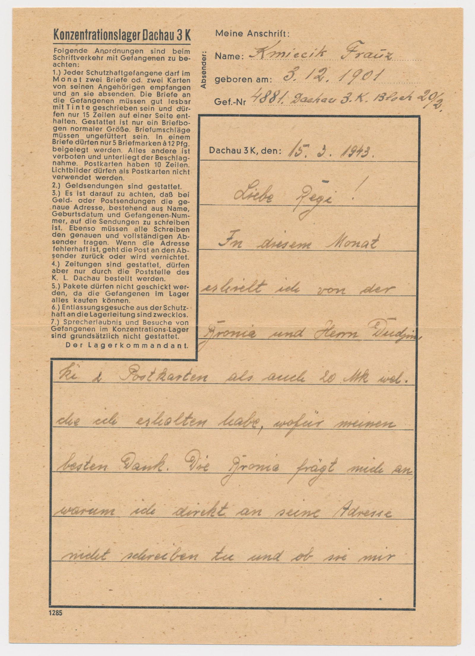 DACHAU CONCENTRATION CAMP PRISONER'S LETTER (1 of 2)