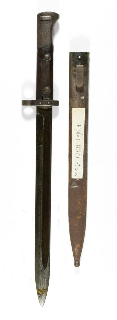 CZECH M1924 BAYONET: Czech M1924 bayonet for the VZ 24 rifle, 11.5 in. blade, 16.5 in. overall, wood grip secured by two screws, marked on the ricasso 'CSZ' for the Czech state arms factory in Brno, blade moderately disco
