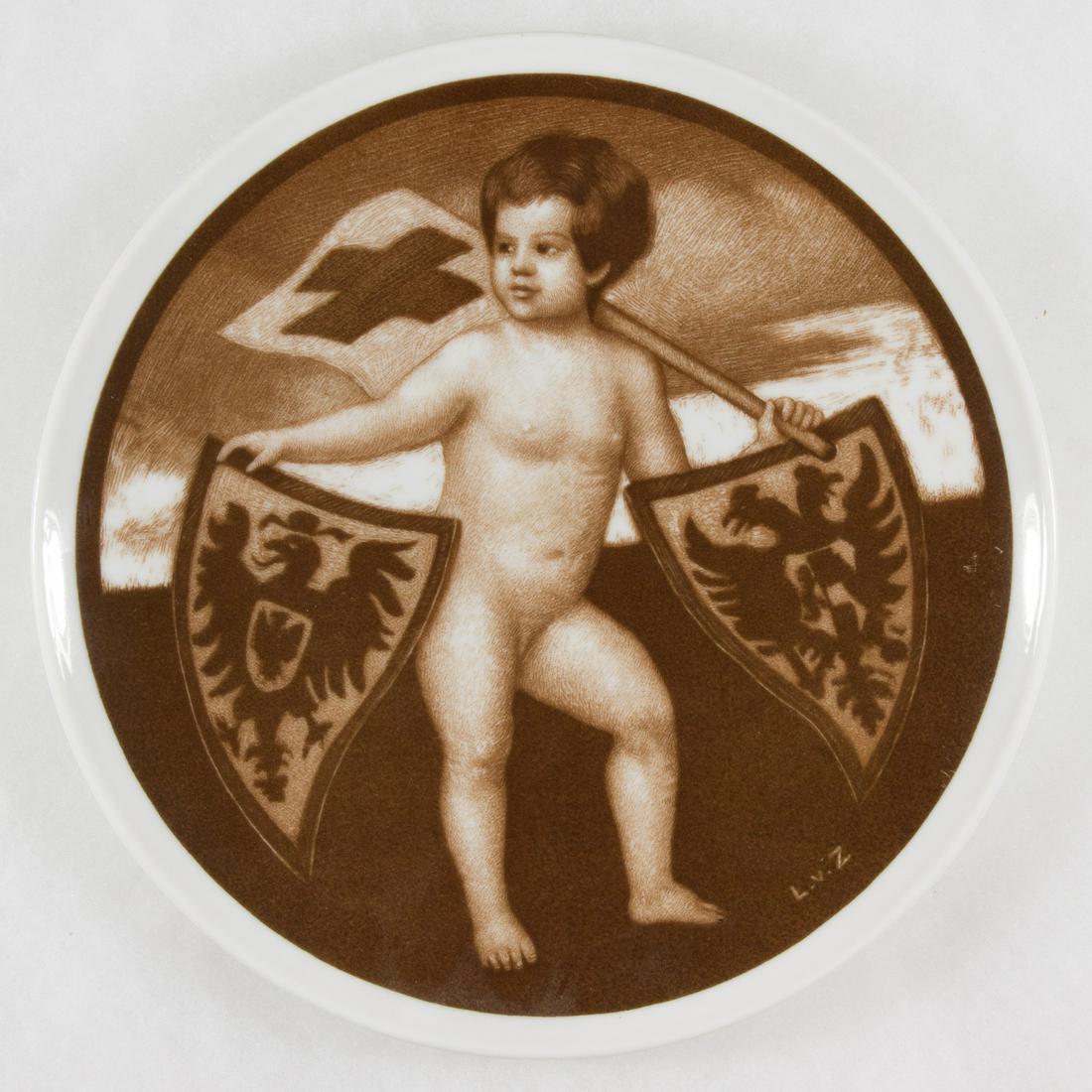 GERMAN RED CROSS DONATION PLATE: A commemorative World War I porcelain plate by Rosenthal, 8.5 in diameter, bearing an image on the front of a nude child holding a Red Cross flag and the shields of the German and Austro-Hungarian Emp