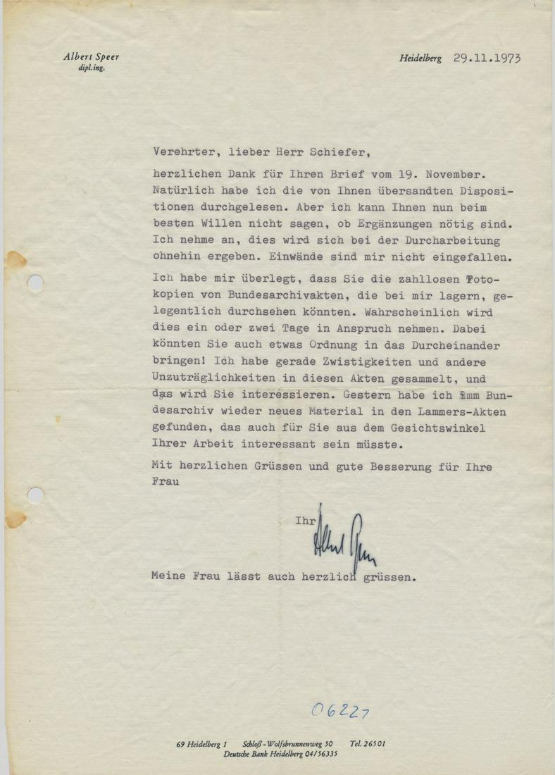 ALBERT SPEER: 1905-1981) Nazi German architect and Minister of Armaments and War Production, convicted of war crimes at Nuremburg. Good content T.L.S. on personal letterhead, 1p. legal folio, Heidelberg, November 2