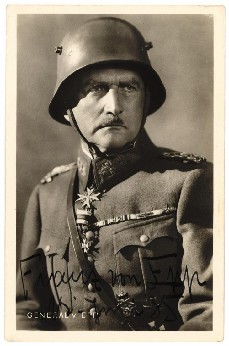 FRANZ RITTER VON EPP: (1868 - 1947) Nazi politician and general, Governor of Bavaria and Reichsleiter of the NSDAP. Died in an internment camp. Superb S.P., 3.5 x 5.5 b/w, a Hoffmann portrait showing von Epp in stahlhelm a