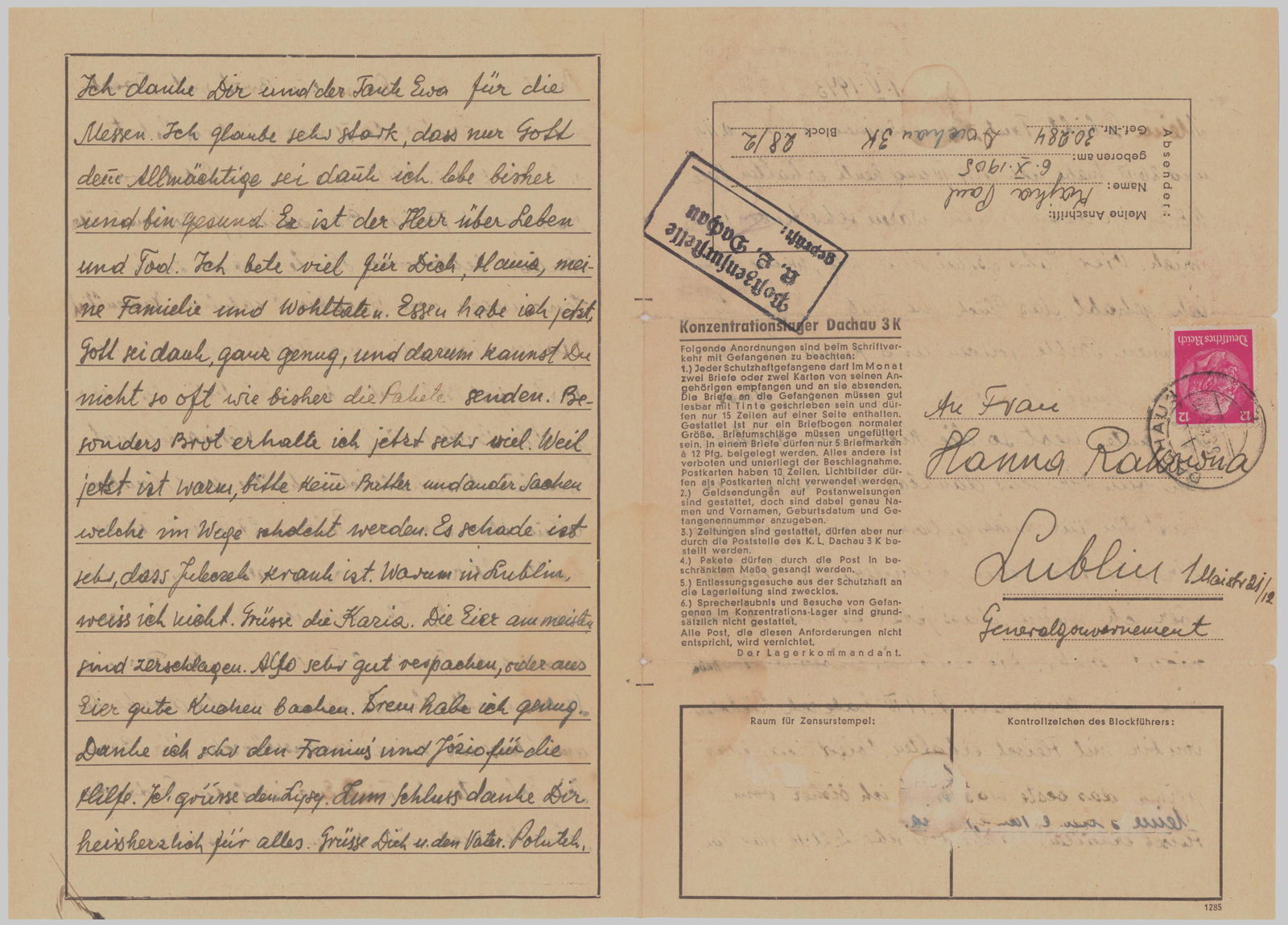 DACHAU CONCENTRATION CAMP PRISONER'S LETTER (1 of 2)