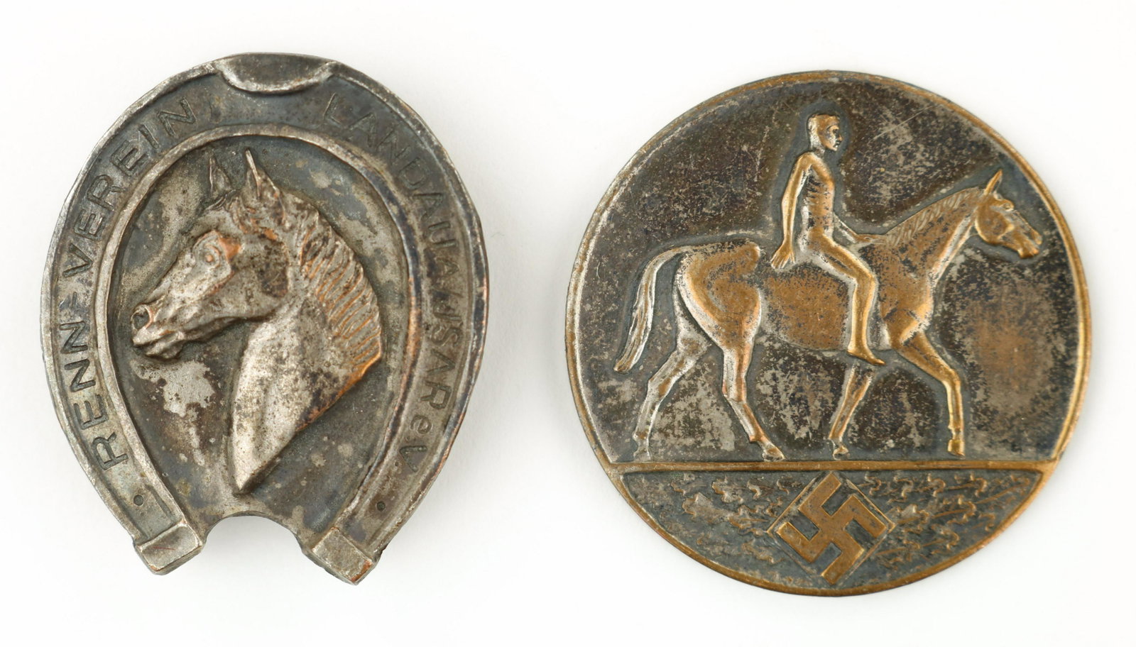 GERMAN EQUESTRIAN MEDAL AND PIN: Pair of items, includes a small medallion, 1 3/8 in. dia.,shows a mounted rider above a mobile swastika, the reverse citing a riding tournament in Pforzheim, June 8-10, 1934, wit a buttonhole lapel pi