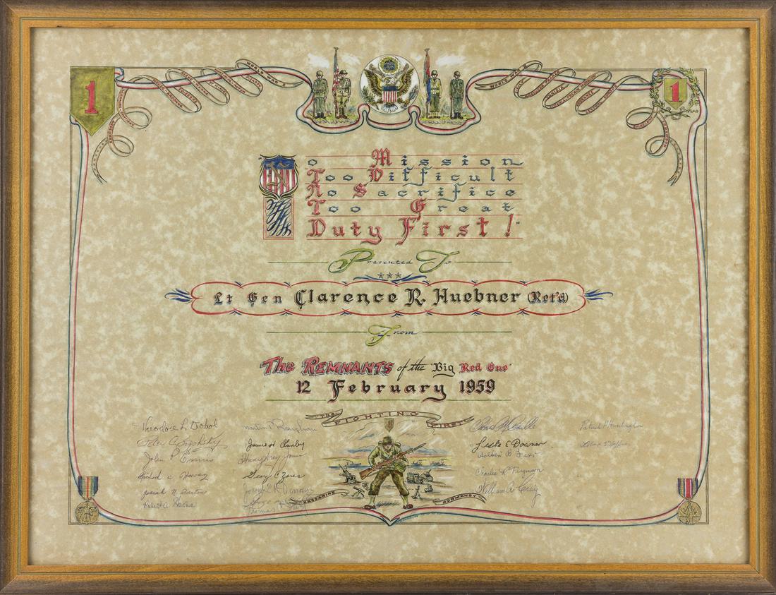 GEN. CLARENCE R. HUEBNER'S 1ST INFANTRY DIVISION PRESENTATION CERTIFICATE AND STATUETTE (1 of 4)