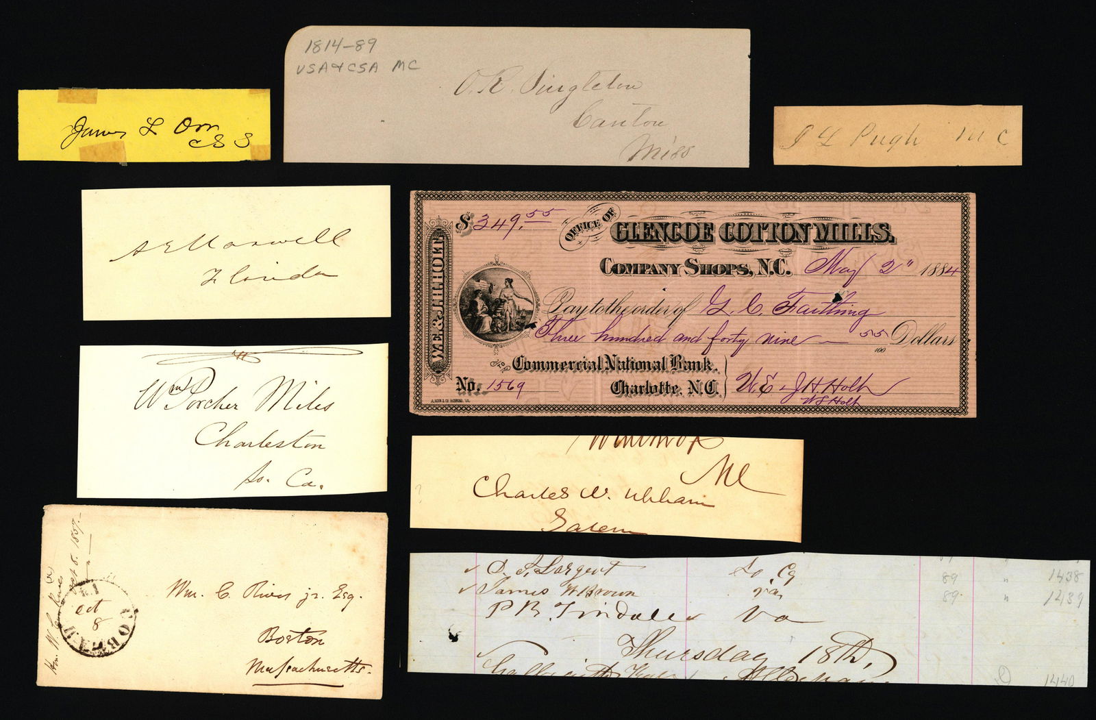 CONFEDERATE POLITICIANS AND SYMPATHIZERS (10): Signatures of JAMES ROBB, CHARLES T. LOWNDES, THEODORE D. WAGNER, and Col. WILLIAM L. TRENHOLM on a D.S., 1p. 4to. South Carolina, Jan. 1, 1868, a bond for the sum of one thousand dollars. Lot include