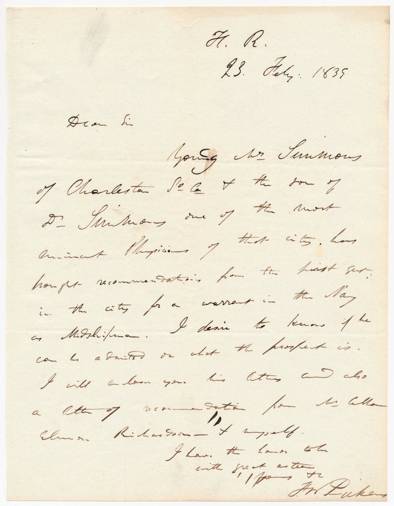 FRANCIS W. PICKENS: (1805 - 1869) Civil War Governor of South Carolina during secession and the first year of the war, he retired in 1862 to his plantation. A.L.S., 1p. 4to., [n.p.], July 23, 1835, requesting a commissio