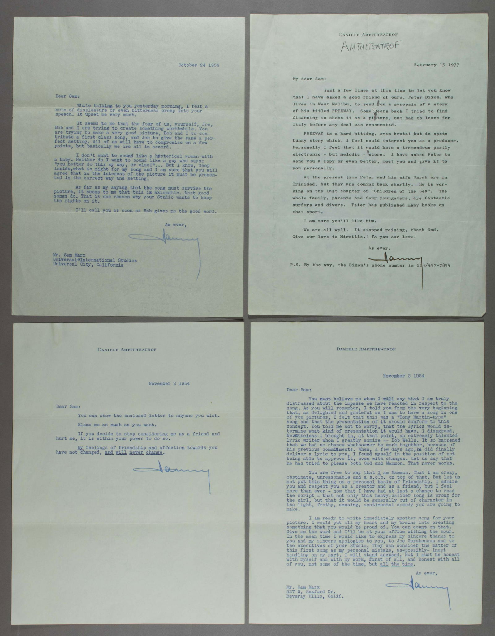 DANIELE AMFITHEATROF: (1901 - 1983) Russian-Italian composer and conductor. Good lot of correspondence from Amfitheatrof to his friend and colleague Samuel Marx, a producer at MGM studios. Includes: five signed typed lette