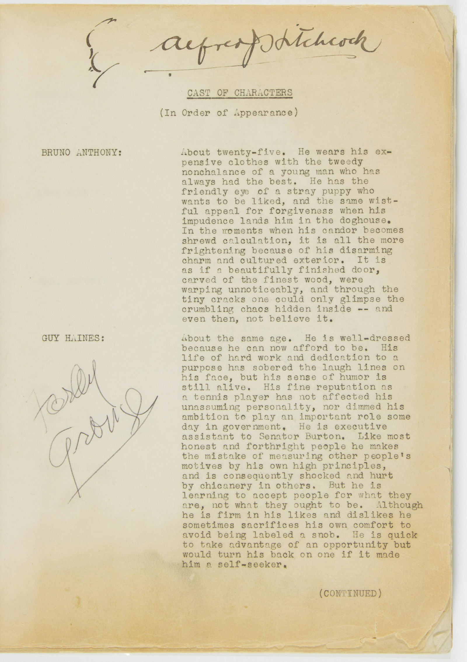 ALFRED HITCHCOCK ATTRIBUTED SCRIPT FOR HIS 'STRANGERS ON A TRAIN' (1 of 9)