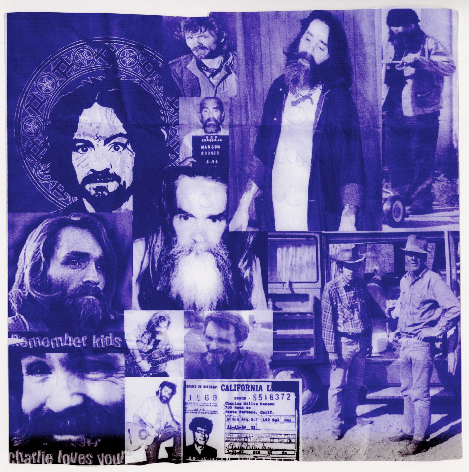 CHARLES MANSON: (1934 - 2017) Drifter whose 'family' committed the infamous Tate-LaBianca murders in 1969. Photo collage, 8.5 x 8.5 in., thirteen images depicting Manson throughout his life. The image has been slight