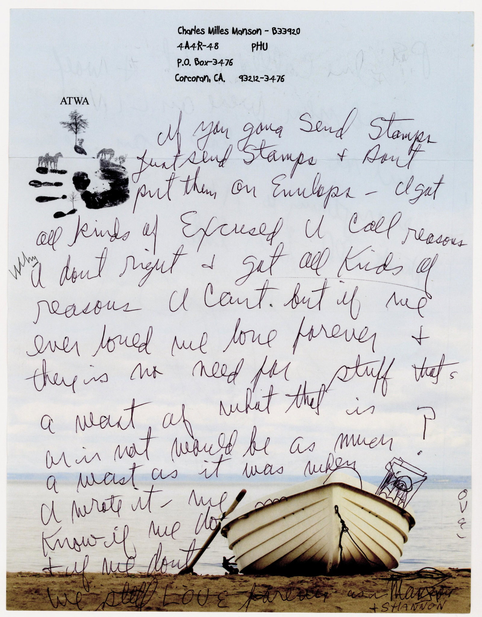 CHARLES MANSON: (1934 - 2017) Drifter whose 'family' committed the infamous Tate-LaBianca murders in 1969. A.Ms.S on his personal letterhead from Corcoran Prison, 2pp. 4to., Corcoran, California, [n.d.]. In part: '..