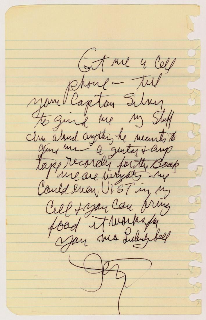 CHARLES MANSON: (1934 - 2017) Drifter whose 'family' committed the infamous Tate-LaBianca murders in 1969. A.L.S., 1p. 8vo., Corcoran, California, Sep. 25, 2009, in full: 'Get me a cell phone - tell your Captain [?] 